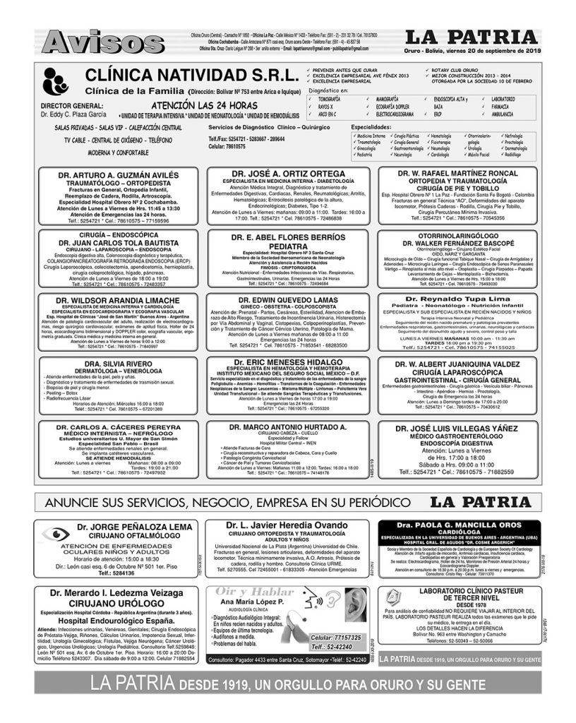 Portadas impresas, viernes 20 de septiembre de 2019, principal, deportivo, policial, urna caliente, clasificados, minero, suplementos (Oruro)