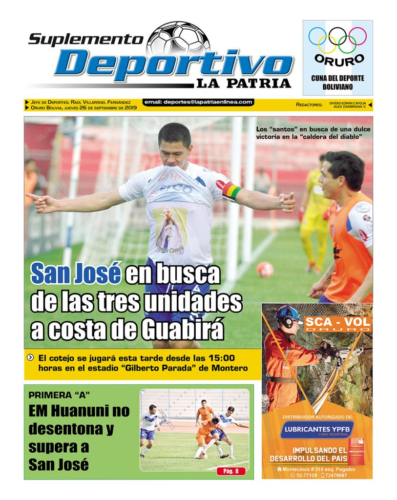 Portadas impresas, jueves 26 de septiembre de 2019, principal, deportivo, urna caliente, policial, clasificados, kiswara, suplementos (Oruro)