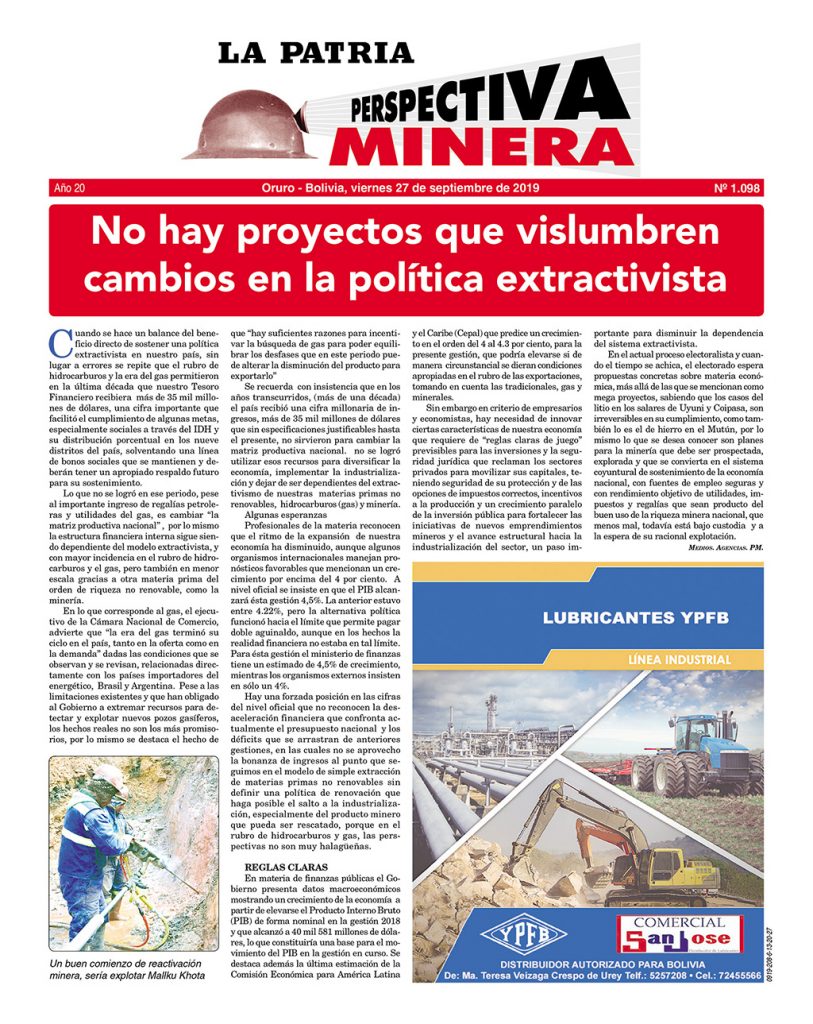 Portadas impresas, viernes 27 de septiembre de 2019, principal, deportivo, urna caliente, policial, clasificados, minero, suplementos (Oruro)