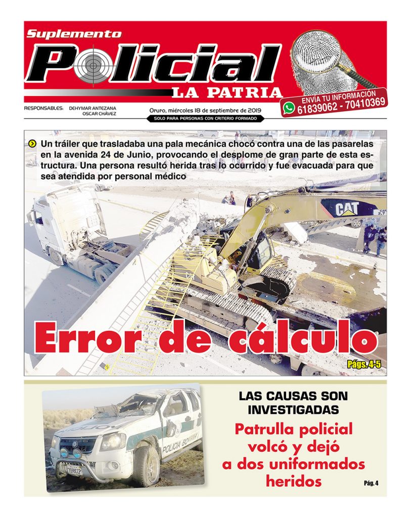 Portadas impresas, miércoles 18 de septiembre de 2019, principal, deportivo, policial, urna caliente, clasificados, suplementos (Oruro)