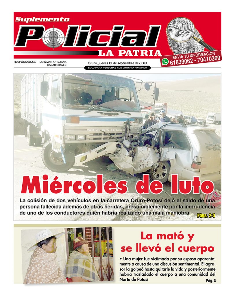 Portadas impresas, jueves 19 de septiembre de 2019, principal, deportivo, policial, urna caliente, clasificados, kiswara, suplementos (Oruro)