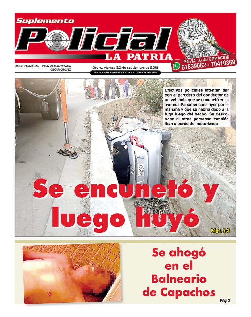 Portadas impresas, viernes 20 de septiembre de 2019, principal, deportivo, policial, urna caliente, clasificados, minero, suplementos (Oruro)