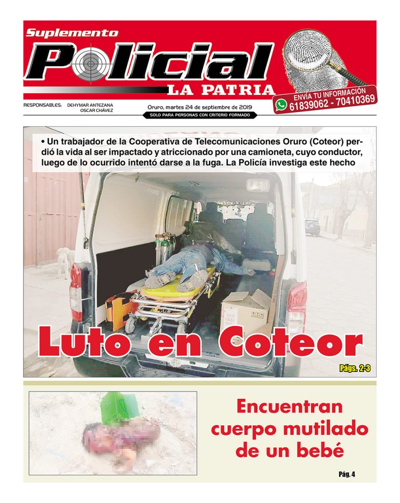 Portadas impresas, martes 24 de septiembre de 2019, principal, deportivo, urna caliente, policial, pasatiempos, clasificados,  suplementos (Oruro)