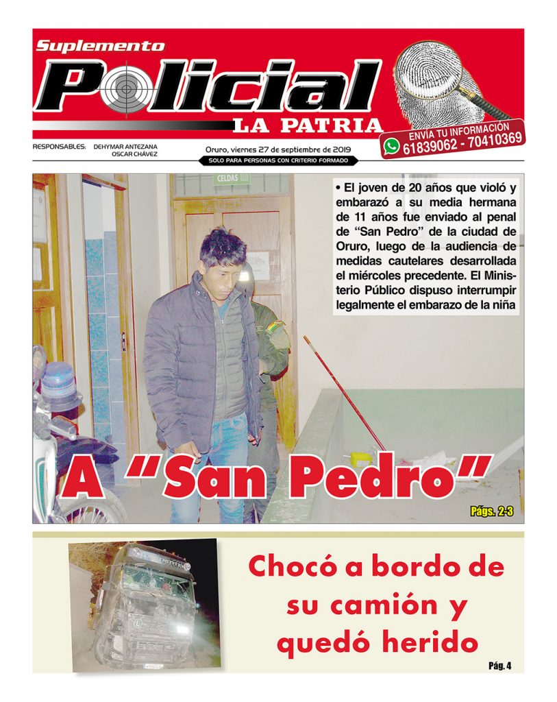 Portadas impresas, viernes 27 de septiembre de 2019, principal, deportivo, urna caliente, policial, clasificados, minero, suplementos (Oruro)