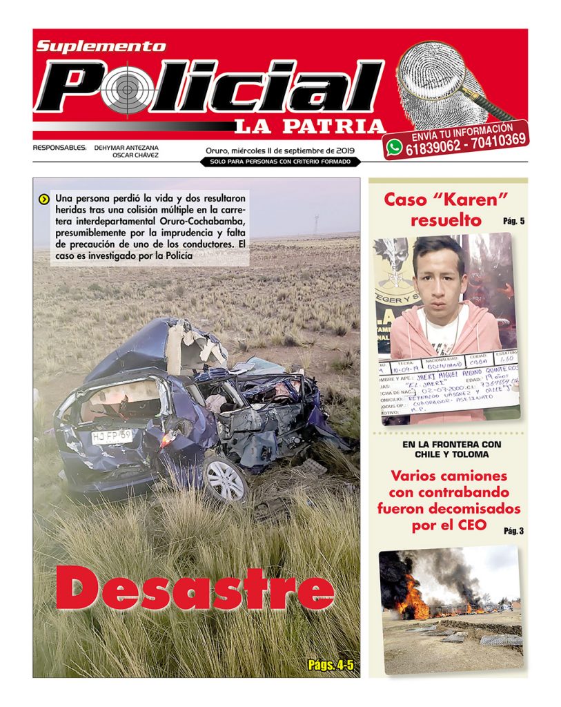 Portadas impresas, miércoles 11 de septiembre de 2019, principal, deportivo, policial, suplementos (Oruro)