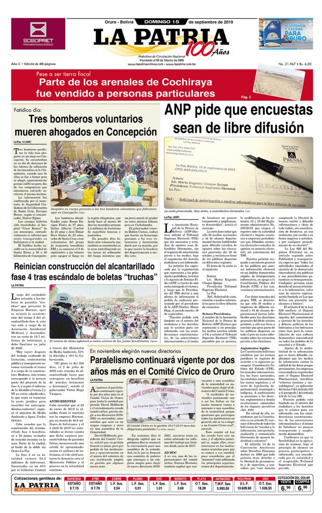 Portadas impresas, domingo 15 de septiembre de 2019 - Periódico La Patria