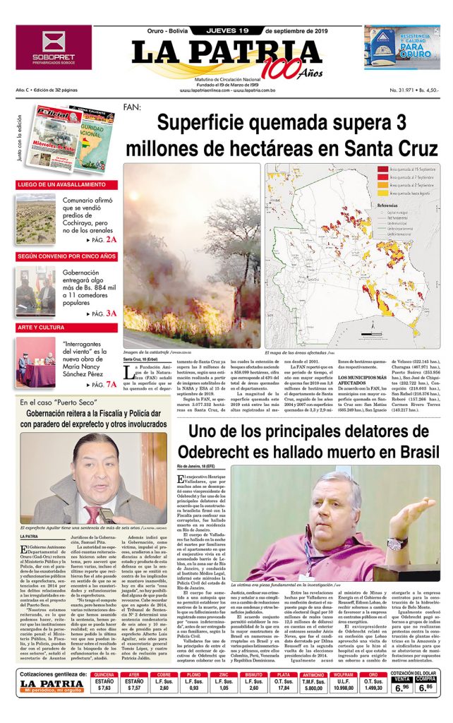 Portadas impresas, jueves 19 de septiembre de 2019, principal, deportivo, policial, urna caliente, clasificados, kiswara, suplementos (Oruro)