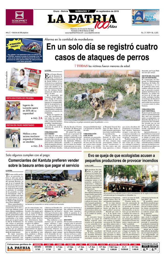Portadas del periódico LA PATRIA del sábado 07 de septiembre 2019, principal, deportivo, policial, minero, revista tu espacio, separata (Oruro)