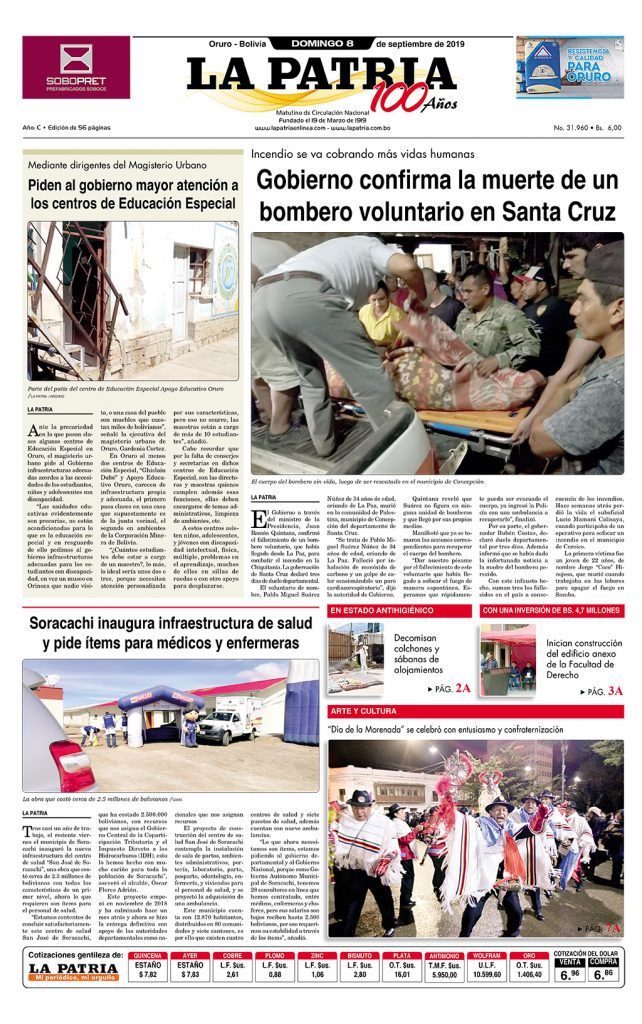 Portadas del periódico LA PATRIA del domingo 08 de septiembre 2019, principal, deportivo, policial, revista dominical, duende, separata, suplemento (Oruro)