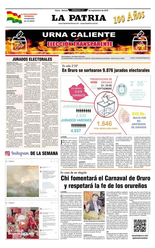 Portadas impresas, sábado 21 de septiembre de 2019, principal, deportivo, policial, urna caliente, clasificados, revista tu espacio, separata, álbum fotográfico, suplementos (Oruro)