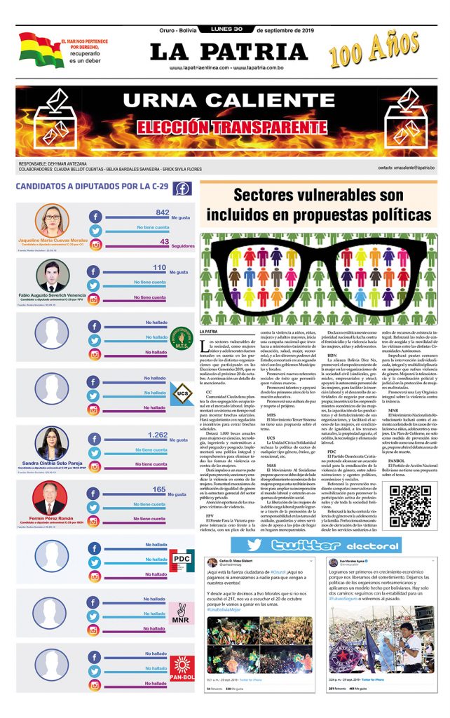 Portadas impresas, lunes de septiembre de 2019, principal, deportivo, clasificados, revista el deportivo, urna caliente, álbum fotográfico, suplementos (Oruro)