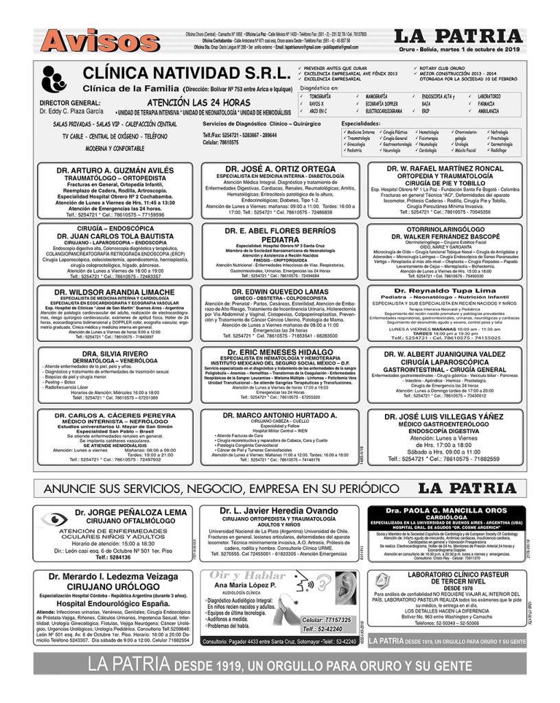 Portadas impresas, martes 1 de octubre de 2019, principal, deportivo, clasificados, policial, pasatiempos, urna caliente, suplementos (Oruro)