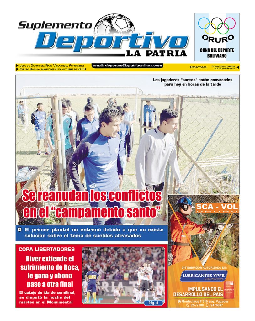 Portadas impresas, miércoles 2 de octubre de 2019, principal, deportivo, clasificados, policial, urna caliente, suplementos (Oruro)