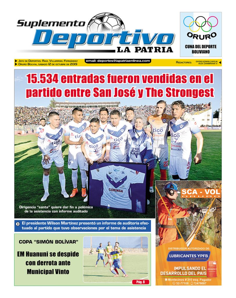 Portadas impresas, sábado 12 de octubre de 2019, principal, deportivo, clasificados, policial, urna caliente, revista tu espacio (Oruro)