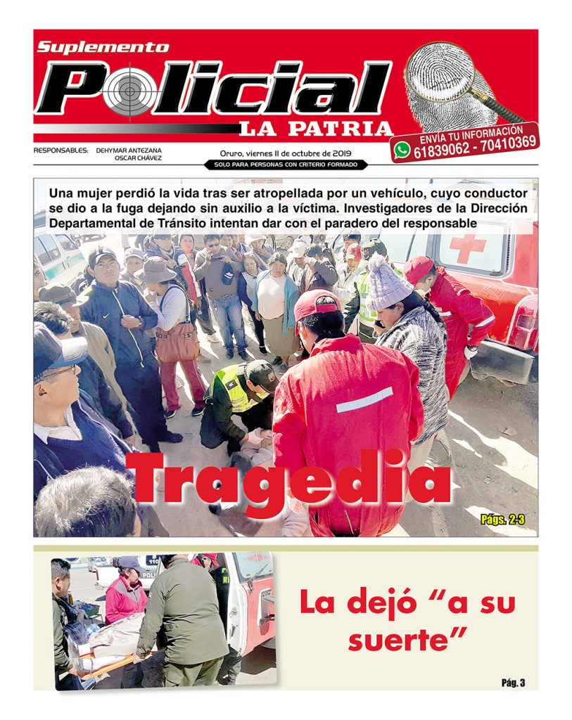 Portadas impresas, viernes 11 de octubre de 2019, principal, deportivo, clasificados, policial, urna caliente, perspectiva minera, lámina día de la mujer (Oruro)