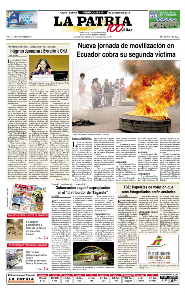 Portadas impresas, miércoles 9 de octubre de 2019, principal, clasificados, deportivo, urna caliente, policial, suplementos (Oruro)