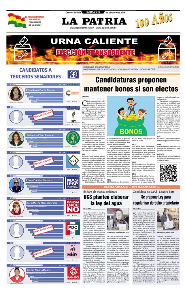 Portadas impresas, sábado 5 de octubre de 2019, principal, deportivo, clasificados, policial, urna caliente, revista tu espacio, suplementos (Oruro)