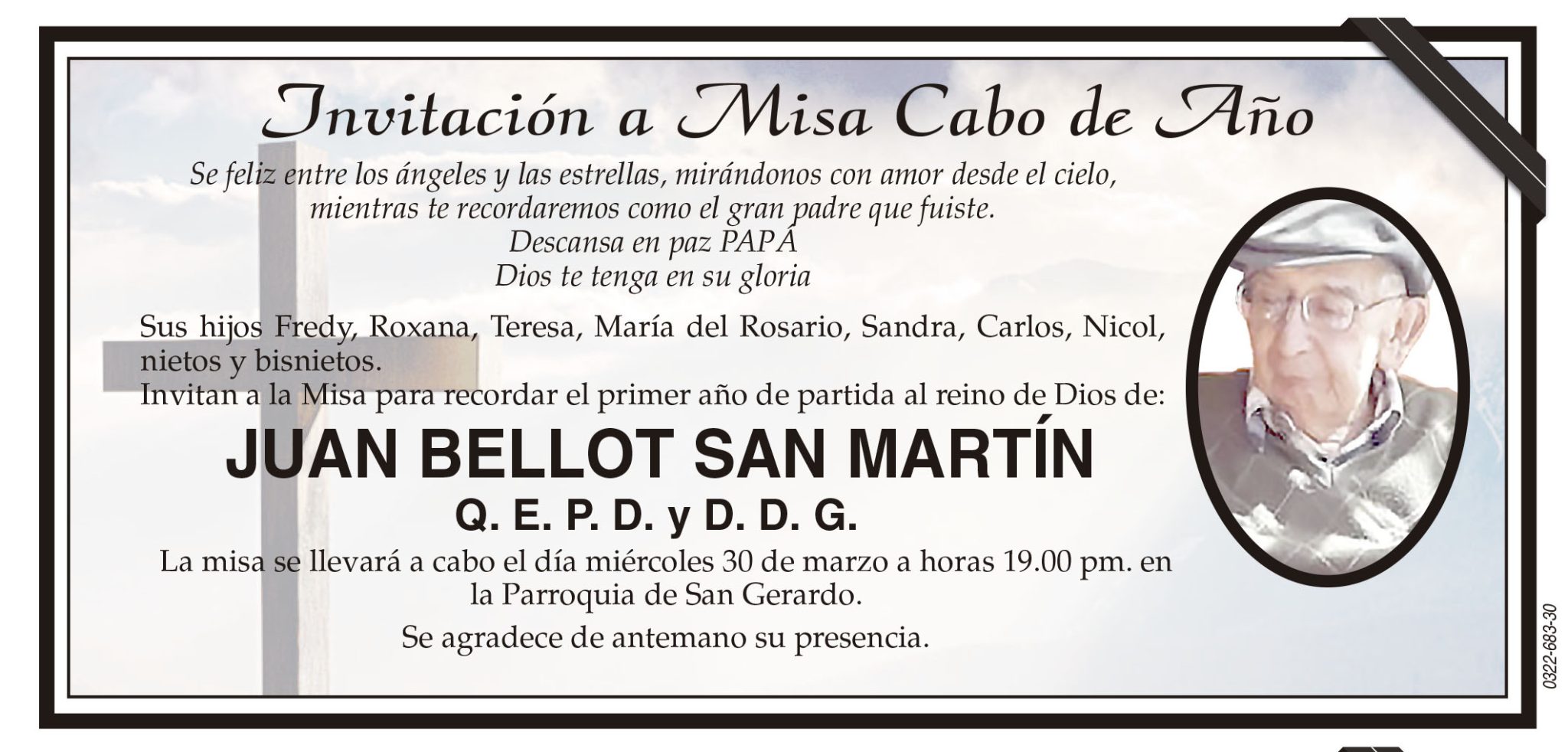 Invitacion Cabo De Ano Invitación a Misa Cabo de Año: Juan Bellot San Martín Q. E. P. D. y D