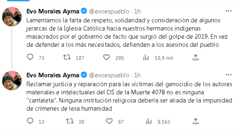 El expresidente Evo Morales arremete contra jerarcas de la Iglesia Católica