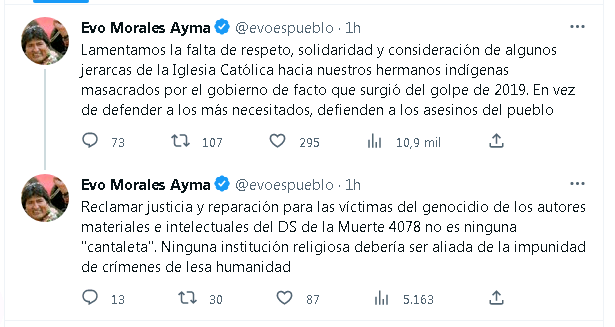 El expresidente Evo Morales arremete contra jerarcas de la Iglesia Católica