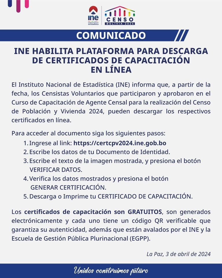 Certificados de capacitación para Censistas Voluntarios del Censo 2024 disponibles en línea