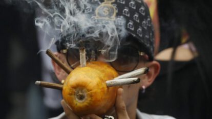 Una persona participa en una Marcha Mundial de la Marihuana