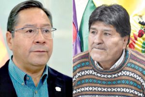 Luis Arce y Evo Morales en la proclamación del MAS