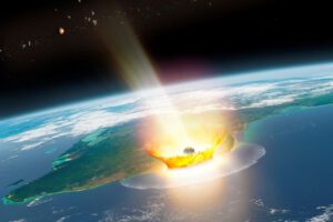 Impresión artística del impacto del asteroide Chicxulub que extinguió a los dinosaurios