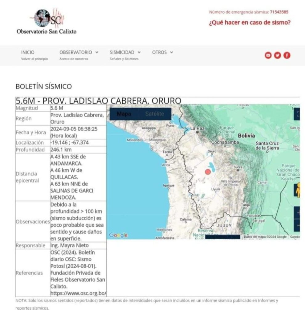 Sismo en Oruro de 5,6 grados