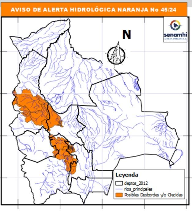Alerta hidrológica naranja en Bolivia por posibles desbordes en ríos