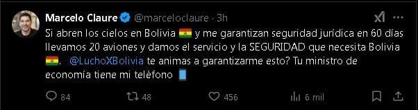 Marcelo Claure aviones Bolivia