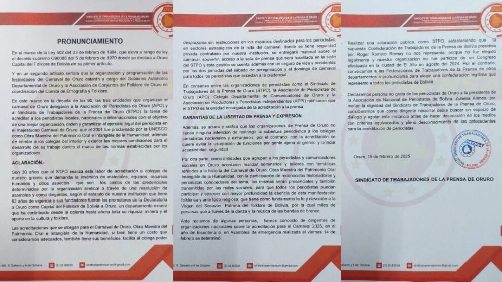 Sindicato de la Prensa de Oruro declara persona no grata a Zulema Alanes