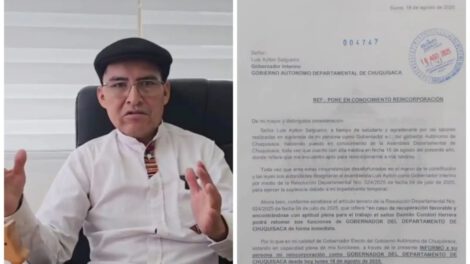 Damián Condori reincorporación como gobernador de Chuquisaca