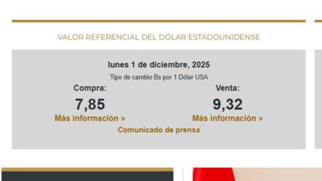 Valor referencial del dólar publicado por el Banco Central de Bolivia