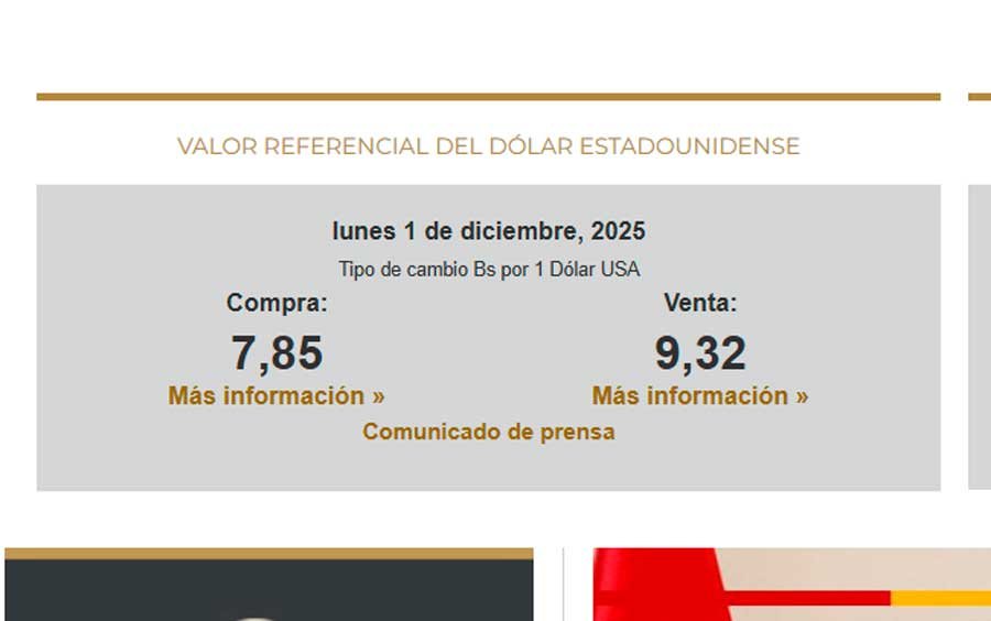 Valor referencial del dólar publicado por el Banco Central de Bolivia