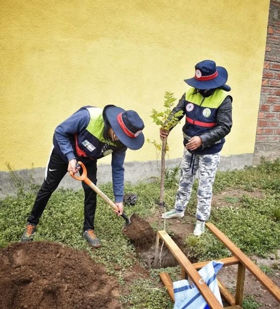 Dos voluntarios plantando un árbol