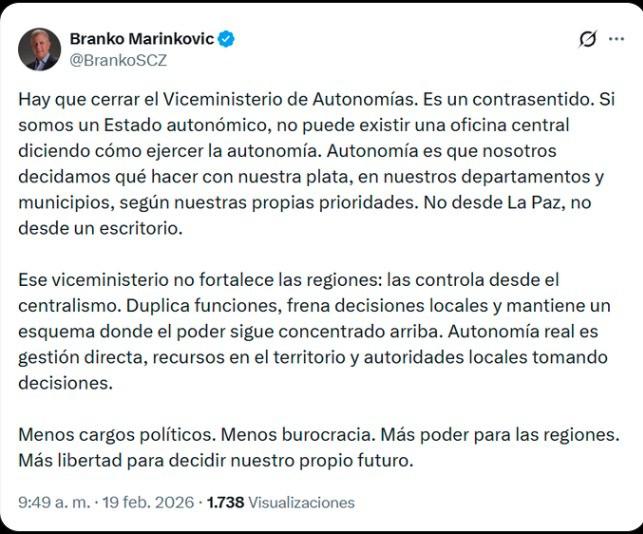 Así se manifestó Marinkovic por X