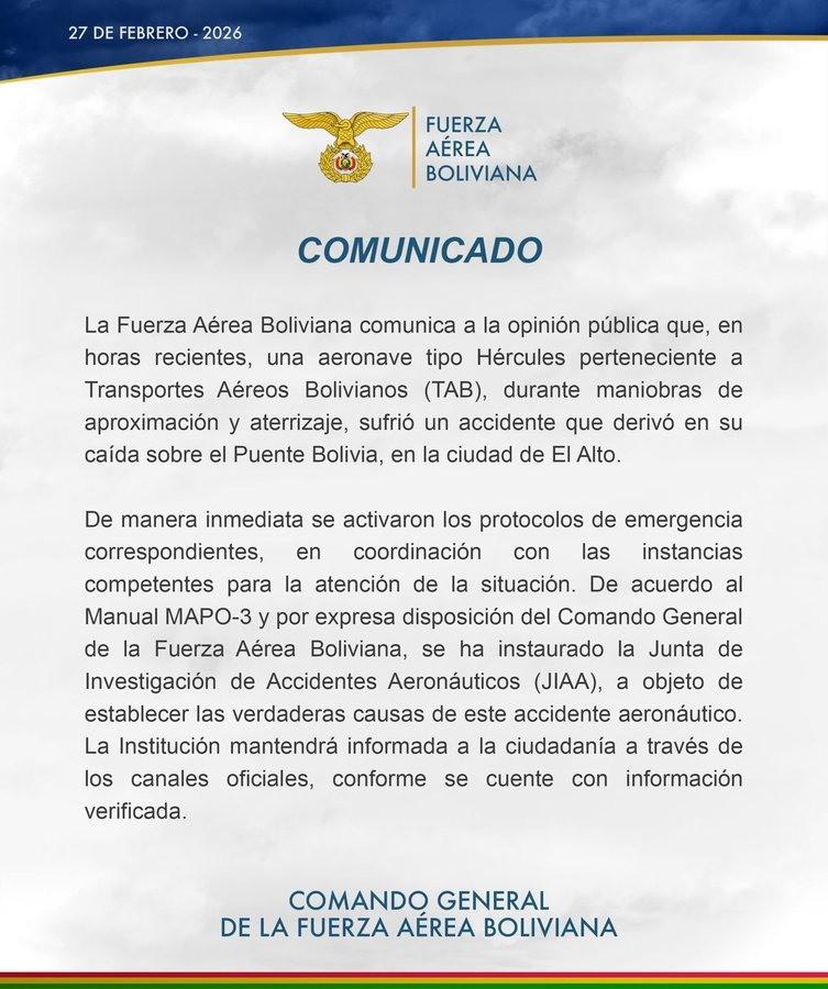 Comunicado de la Fuerza Aérea Boliviana (FAB)