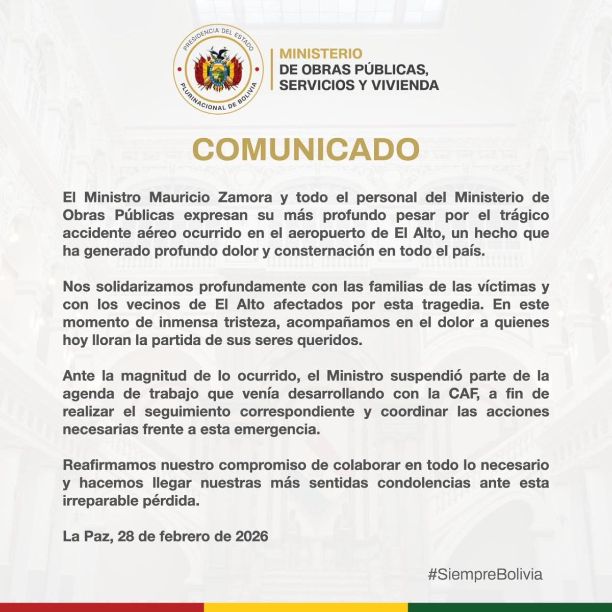 Comunicado del Ministerio de Obras Públicas