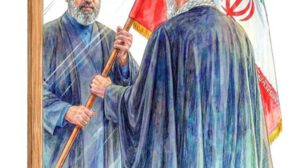 El fallecido ayatolá, Ali Jameneí, entregando una bandera de Irán a su hijo Mojtaba Jameneí