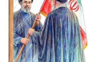 El fallecido ayatolá, Ali Jameneí, entregando una bandera de Irán a su hijo Mojtaba Jameneí