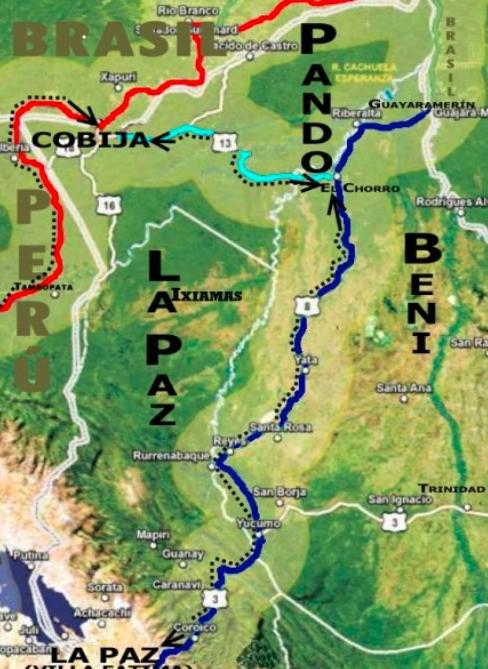 Mapa que muestra rutas aéreas en Beni y Pando