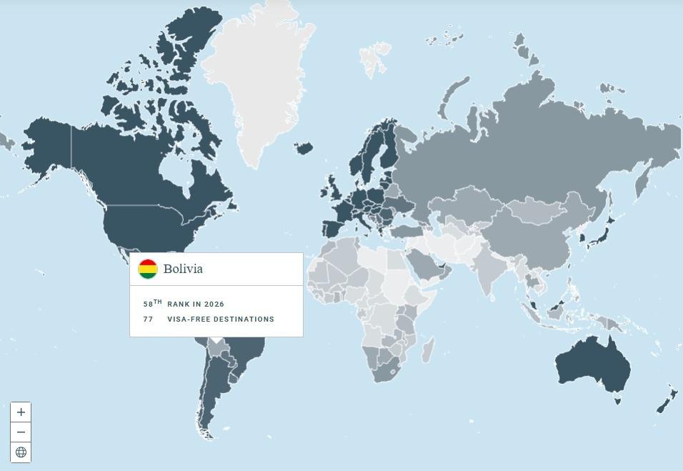 El pasaporte boliviano escala al puesto 58 del ranking mundial en 2026, permitiendo el ingreso sin visa a 77 destinos.