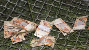 Algunos de los billetes que cayeron del avión accidentado en El Alto