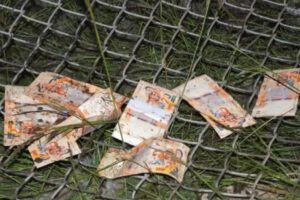 Algunos de los billetes que cayeron del avión accidentado en El Alto