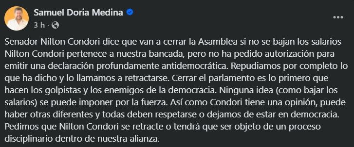 Declaraciones del líder de Unidad sobre el senador Condori • Samuel Doria Medina