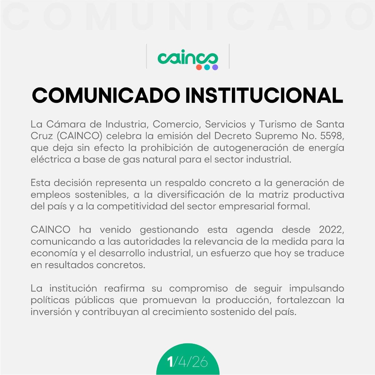 Desde Cainco destacó la emisión del Decreto Supremo N° 5598