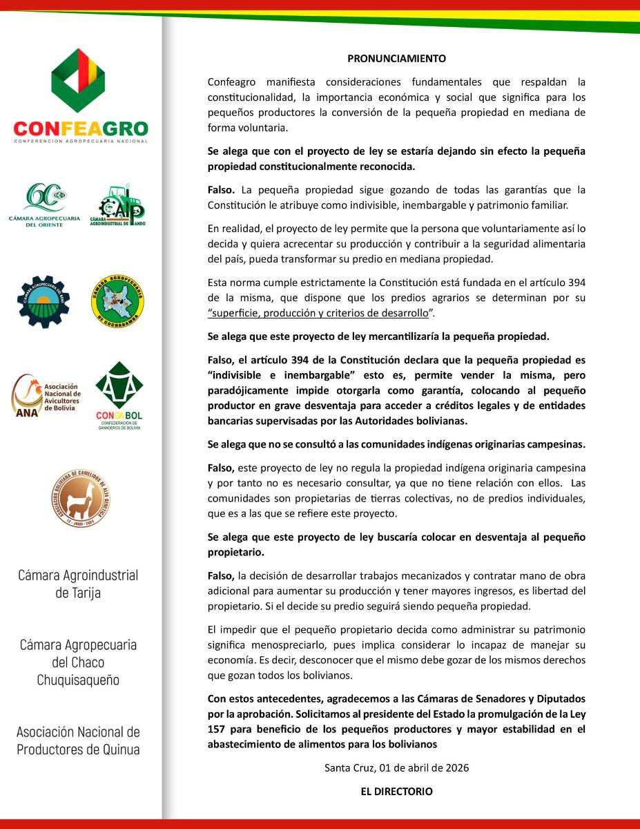 Pronunciamiento de la Confeagro