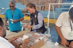 Personas verificando maletas electorales