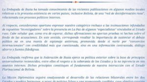 Comunicado oficial de la embajada rusa en el que rechazó las publicaciones de medios